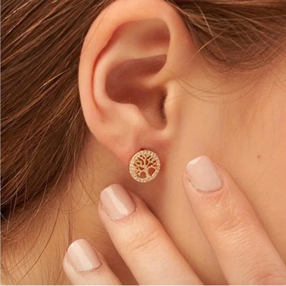 Elegant Rose Gold Tree of Life Stud Earrings with Clear Crystals - Picture 2 of 2